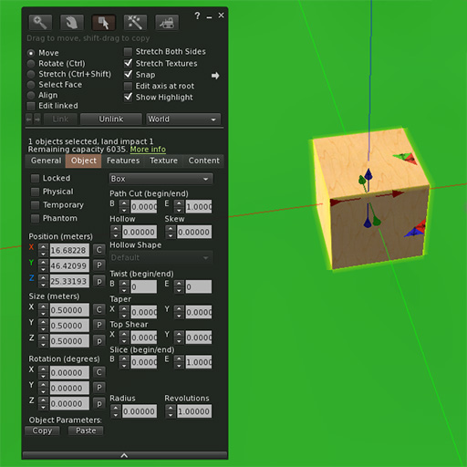 Singularity object edit panel with cube