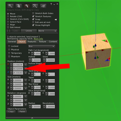 Firestorm object edit panel with arrow pointing to Position numerical value.