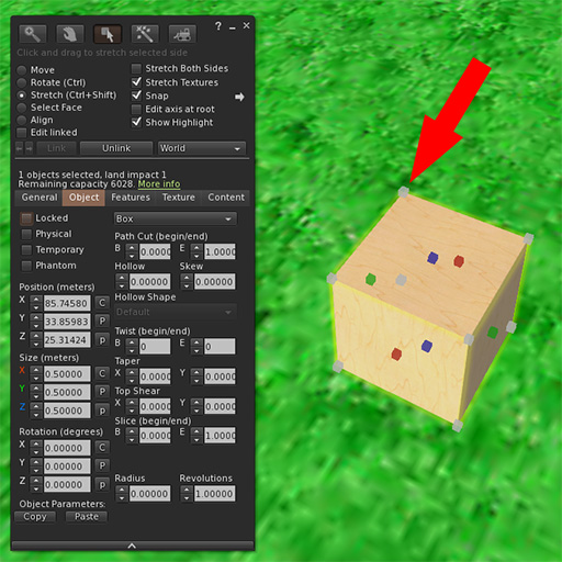 Firestorm build menu with arrow pointing to corner handle of cube.