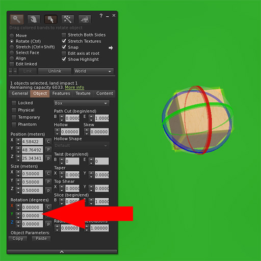 Firestorm object edit panel with arrow pointing to Rotate numerical value.