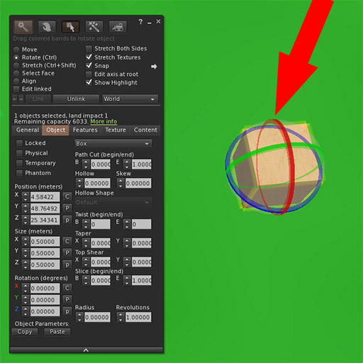 Firestorm object edit panel with arrow pointing to rotate handles on a cube.